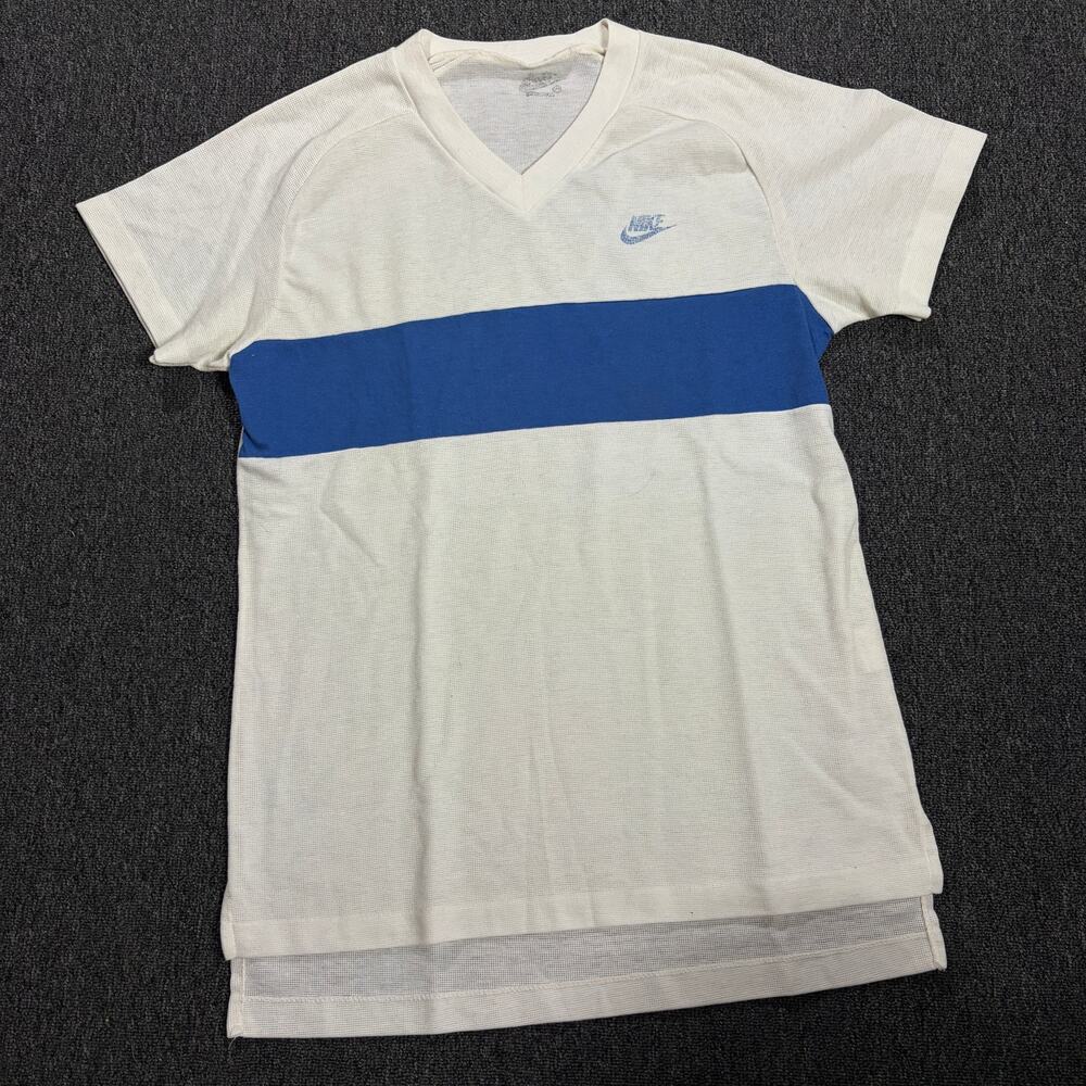 Vintage Y2k Nike White Knit Blue Stripe v Neck Tennis Shirt Women's Medium